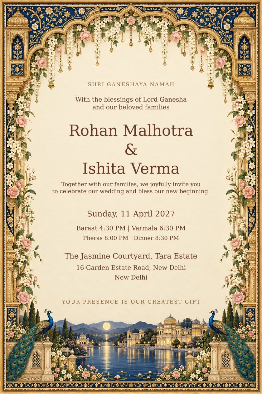 Midnight Jasmine English Hindu wedding invitation for Rohan Malhotra and Ishita Verma