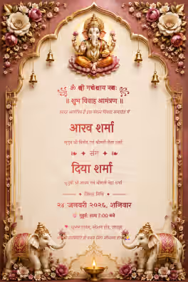 Royal maroon Ganesh Hindu wedding invitation card with floral arch