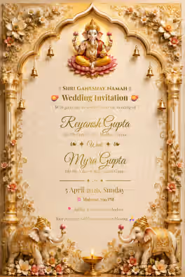 Floral gold Ganesh Hindu wedding invitation card with elephant motif
