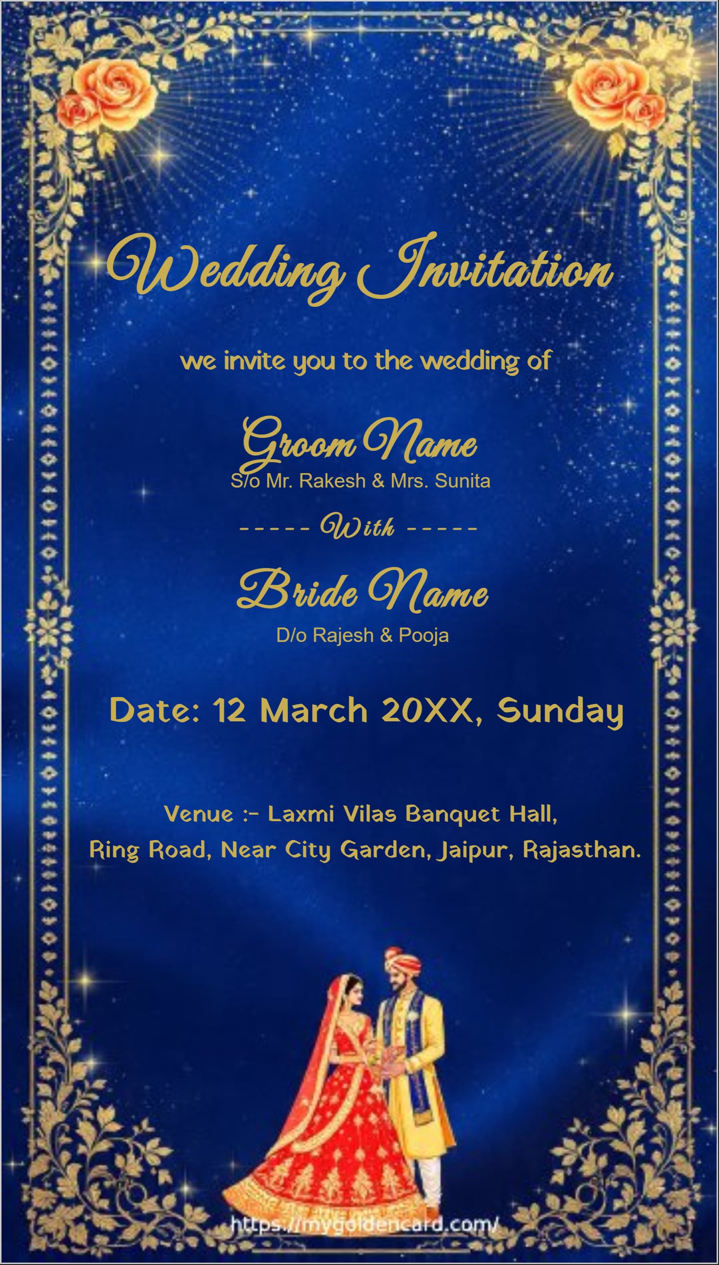 Traditional Indian Wedding Invitation Card in Royal Blue & Gold