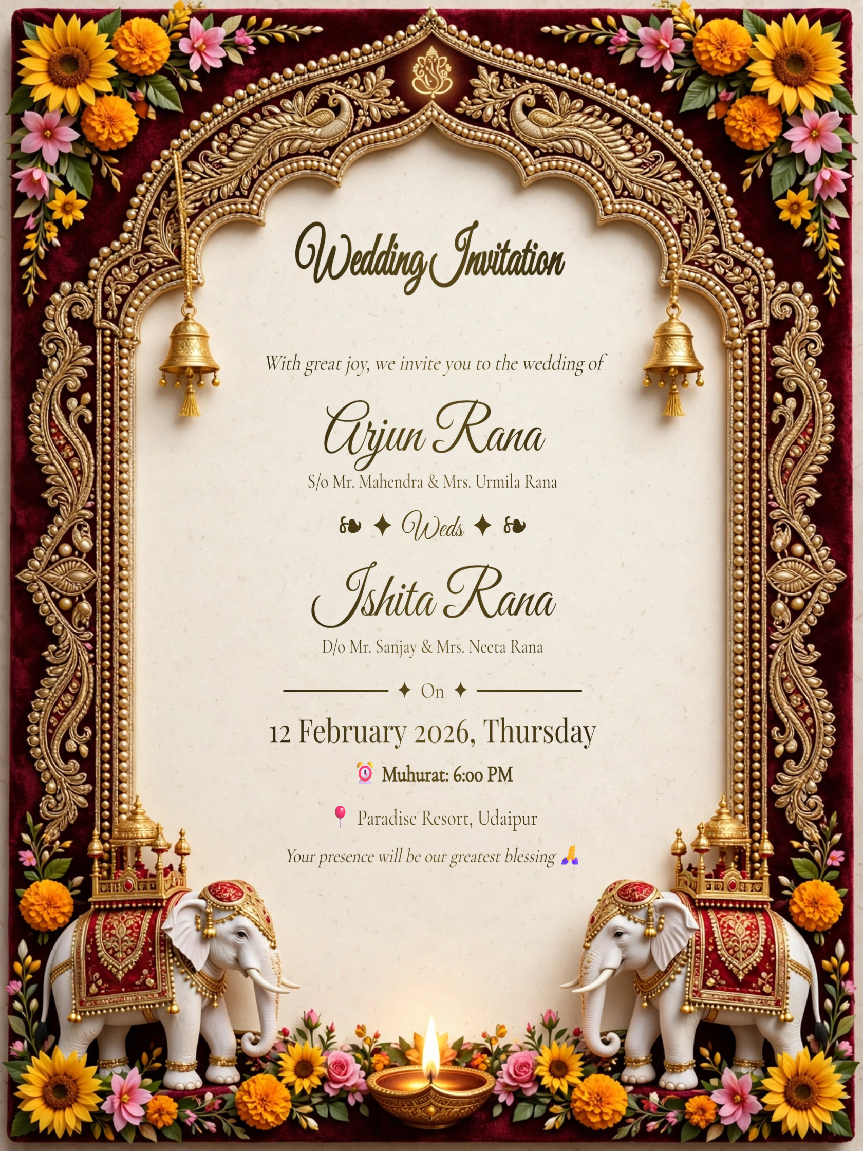 Royal maroon velvet Ganesh wedding invitation card with elephant motif