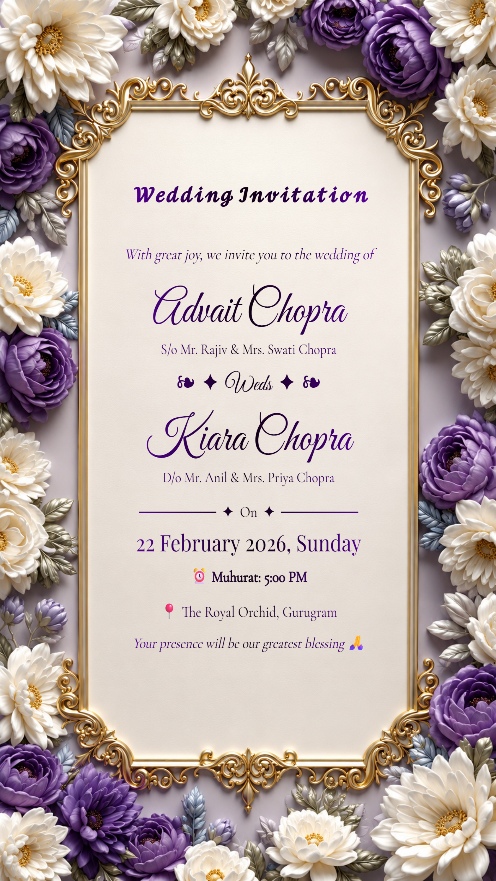 Purple ivory floral luxury wedding invitation card