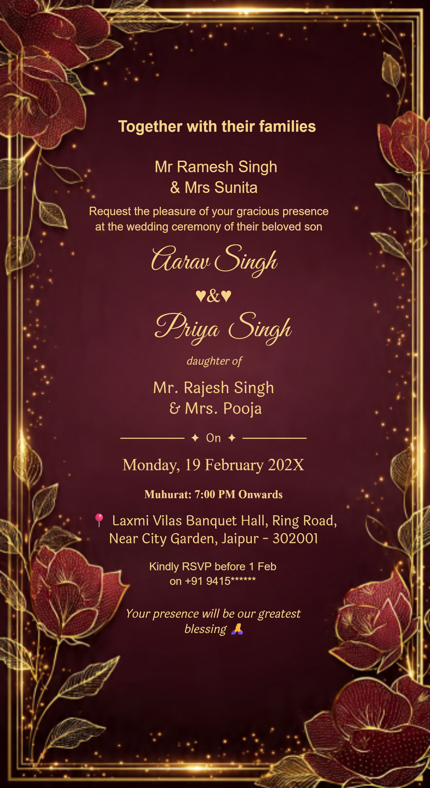 Royal Maroon Gold Wedding Invitation Card